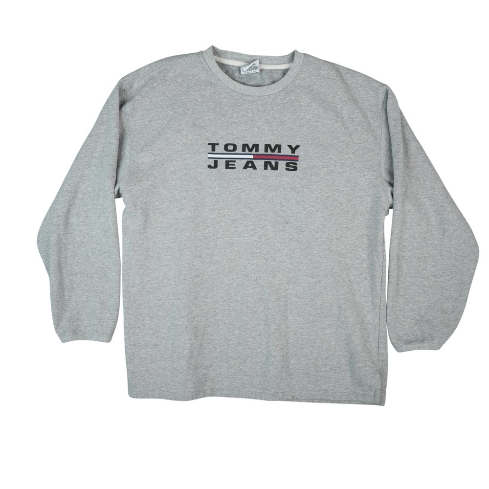Vintage Tommy Jeans Logo Sweatshirt‎ Mens L Gray Crewneck Made in USA 90s Y2K